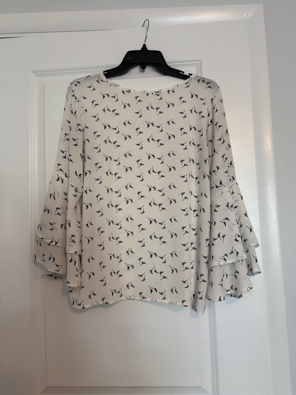 LOFT Cream Blouse with Black Bird Print and Bell Sleeves